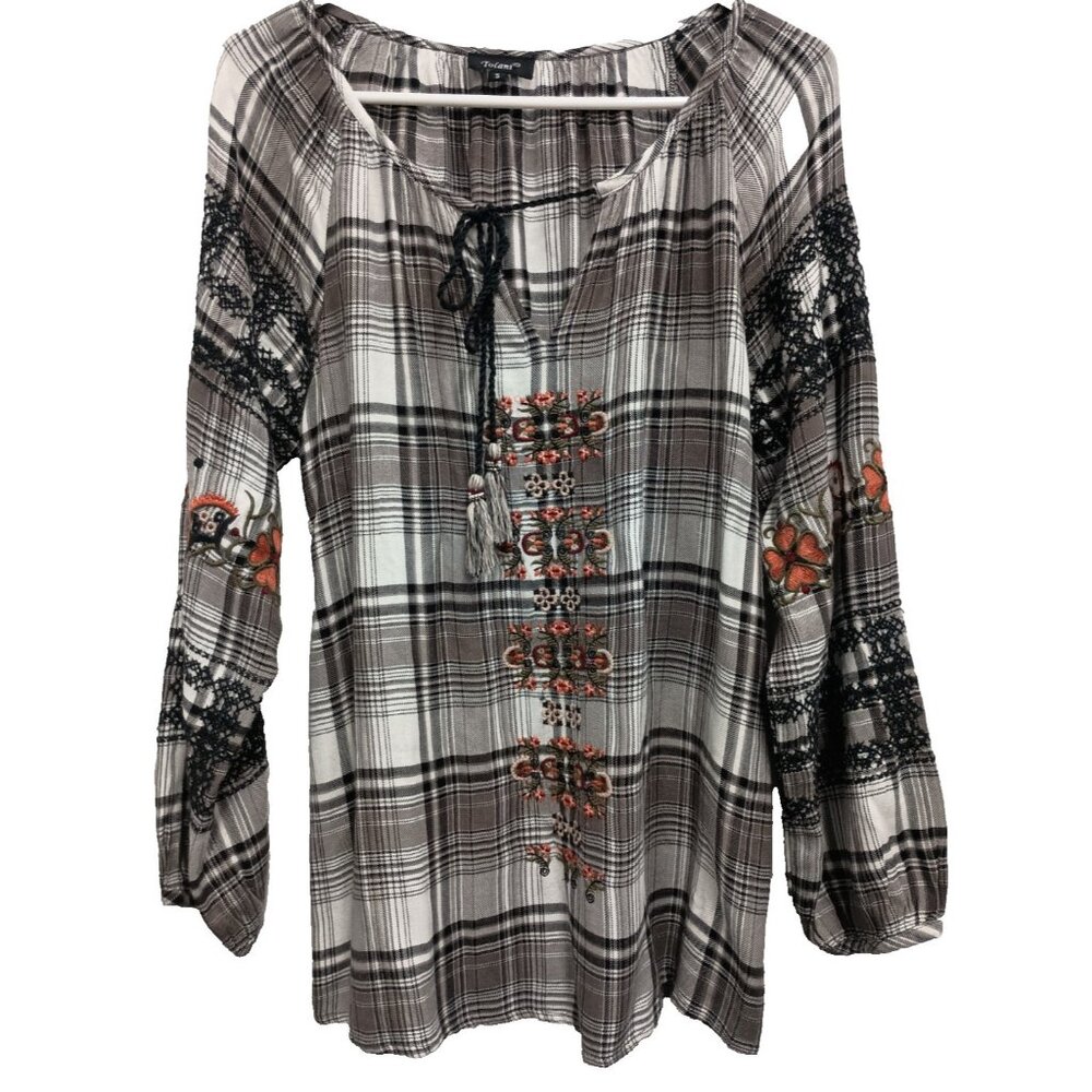 Vintage Emroidered Plaid Peasant Top - Black & White with Orange Accents